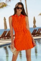 Lipsy Orange Broderie Sleeveless Tie Waist Mini Shirt Dress