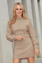 Lipsy Neutral Blouson Sleeve Cable Knitted Crew Neck Jumper Dress