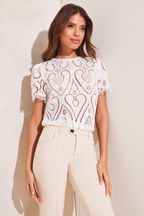 Lipsy White Broderie Cutwork Scallop Hem Lace Short Sleeve Blouse
