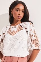 Lipsy White Cutwork Puff Sleeve Sweetheart Embroidered Net Lace Blouse