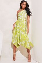 Lipsy Green One Shoulder Belted Pleated Midi Dress
