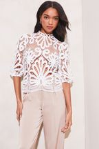 Lipsy White Premium Puff Sleeve High Neck Lace Cutwork Top
