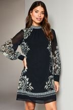 Lipsy Black/White Placement Printed Long Sleeve Shift Dress