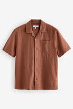Rust Brown Seersucker Short Sleeve Shirt with Cuban Collar