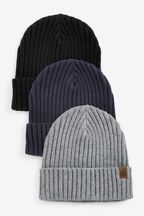 Navy Blue/Grey 3 Pack Knitted Ribbed Beanie Hats (1-16yrs)