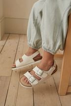 White Leather Standard Fit (F) Two Strap Corkbed Sandals