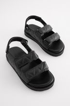 Black Leather Quilted Two Strap  Sandals