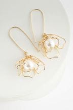 Gold Tone Pearl Flower Pull Through Earrings