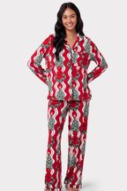 Chelsea Peers Recycled Fibre Red & White Wreath & Tree Stripe Print Long Pyjama Set