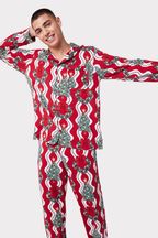 Chelsea Peers Mens Recycled Fibre Red & White Wreath & Tree Stripe Print Long Pyjama Set