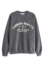 Charcoal Grey Relaxed Fit Oversized Washed California Long Sleeve Graphic Slogan Sweatshirt
