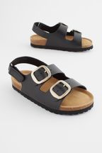 Black Leather Standard Fit (F) Two Strap Corkbed Sandals