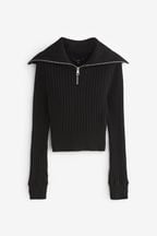 Black Ribbed Zip Neck Jumper