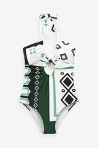 Ecru/Green Geometric Twist Neck Shaping Swimsuit