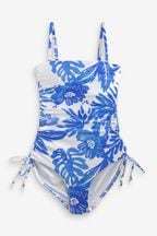 White/Blue Floral Bandeau Ruched Leg Tummy Shaping Control Swimsuit