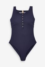 Navy Blue Rib High Neck Tummy Shaping Control Popper Swimsuit