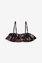 Black Floral Ruffle Bandeau Bikini Top