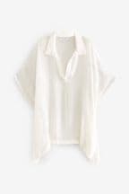 White Textured Longline Overhead Shirt Cover-Up