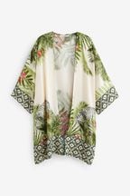 Green Tropical Longline Kimono Cover-Up