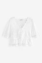 White White Tie Front Embroidered Short Sleeve Blouse