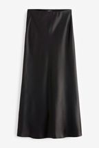 Black Tailored Satin Midi Skirt