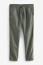 Khaki Green Slim Fit Linen Cotton Elasticated Drawstring Trousers