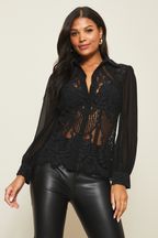 Lipsy Black VIP Lace Sheer Long Sleeve Button Up Shirt