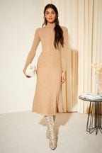 Friends Like These Camel High Neck Knitted Pleated Long Sleeve Midi Dress