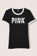 Victoria's Secret PINK Black Cotton Short Sleeve Campus Ringer T-Shirt