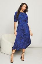Lipsy Blue Animal Puff Sleeve Tie Waist Summer Midi Dress