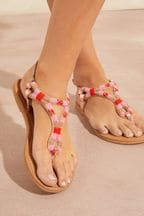 Love & Roses Pink Real Leather Embellished Bead Flat Sandal
