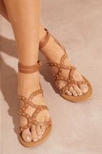 Love & Roses Brown Studded Gladiator Strappy Flat Sandals