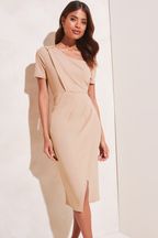 Lipsy Camel Short Sleeve Wrap Style Slit Front Bodycon Dress