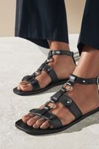 Black Leather Ring Detail Sandals