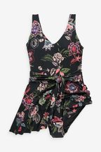 Black/Pink Floral Tummy Shaping Control Skirted Swimsuit
