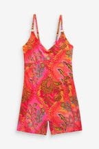 Orange/Pink Paisley Strappy Short Unitard Shaping Swimsuit