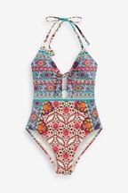 Pink/Teal Paisley Halterneck Tummy Shaping Control Swimsuit
