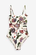 Cream/Pink Floral Tummy Shaping Control Bandeau Swimsuit