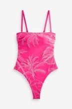 Pink/White Embroidered Bandeau Tummy Shaping Control Swimsuit