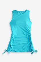 Turquoise Blue High Neck Ruched Side Tankini Top