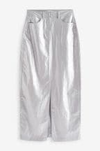 Silver Linen Blend Midi Skirt