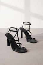 Black Signature Leather Strappy Heeled Sandals