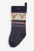 JoJo Maman Bébé Navy Personalised Blue Reindeer Knitted Stocking