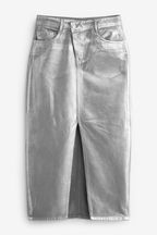Silver Metallic Asymmetric Waist Denim Midi Skirt