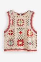 Multi Relaxed Fit Sleeveless Square Knitted Crochet Vest Tank Top