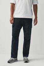 Navy Blue Straight Fit Cotton Stretch Cargo Trousers