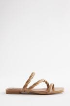 Camel Signature Leather Flat Twist Detail Mule Sandals