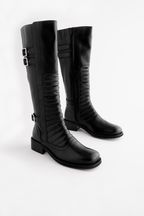 Black Forever Comfort® Leather Biker Knee High Boots