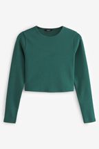 Green Double Layer Ribbed Long Sleeve Crew Neck Top