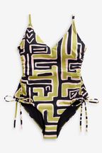 Green/Black Geo Tummy Control Side Ruched Swimsuit